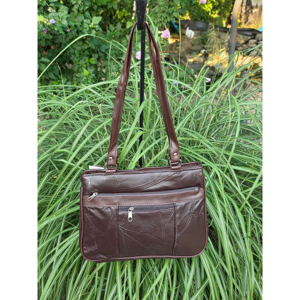 Genuine Leather Patchwork Shoulder Bag Dark Brown Multi Pocket Handbag NWT